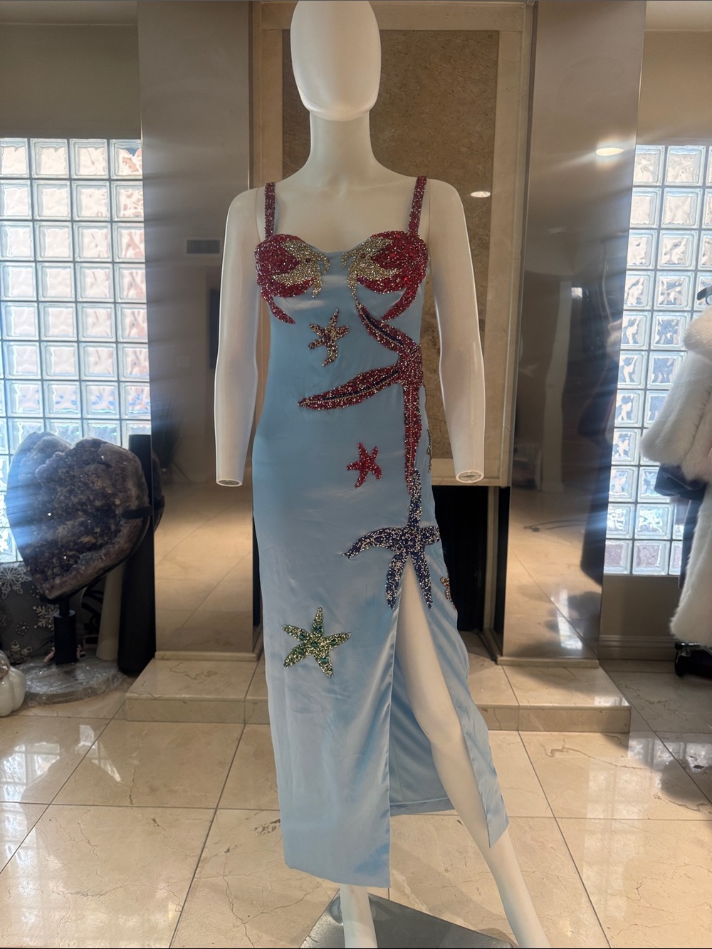 Jessica Bara  Lindsy Satin Crystal Starfish Maxi Dress